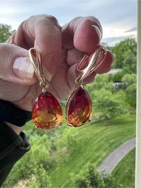 Imperial Topaz Teardrop Gem Earrings with Red-Orange Gradient Stone